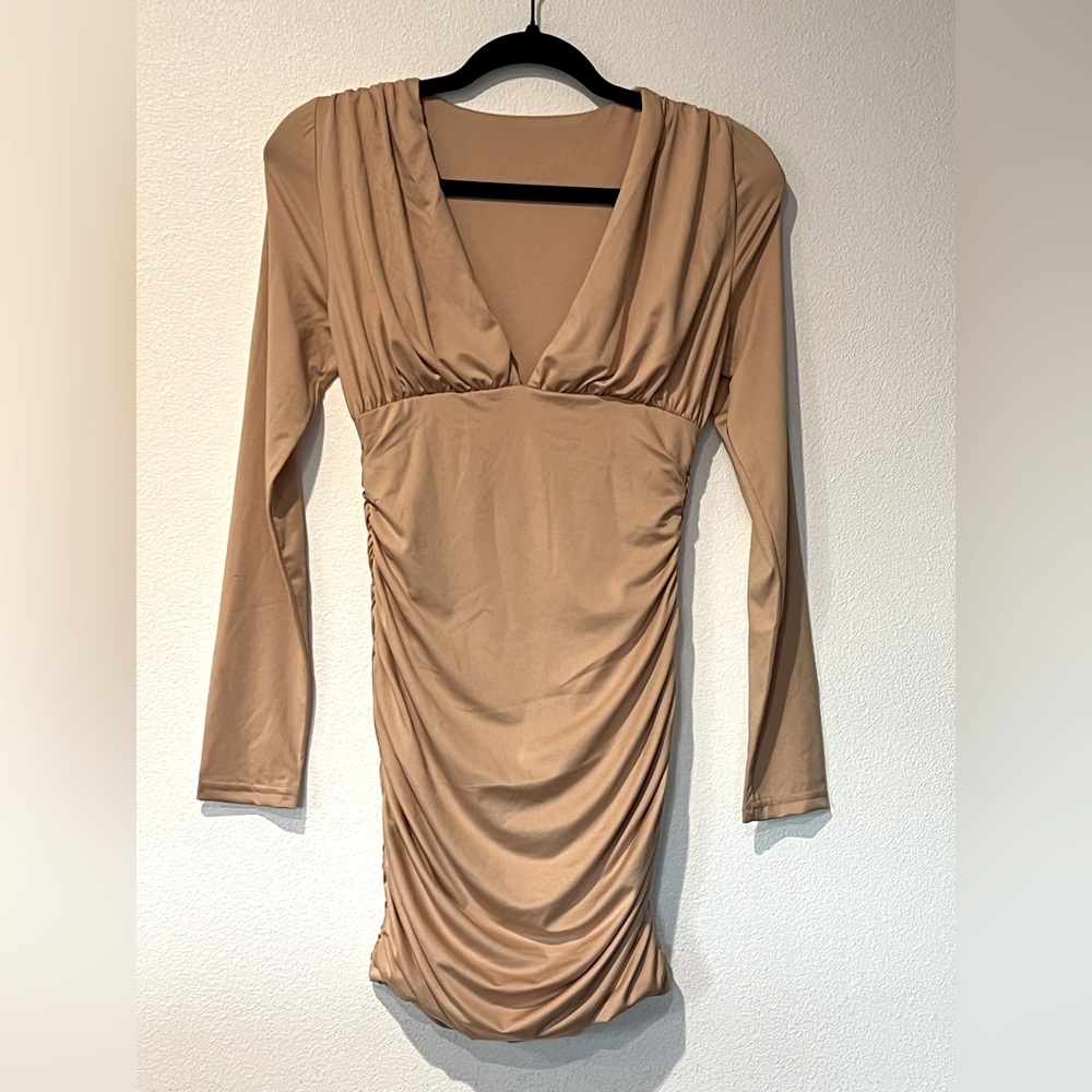 AMAZON Nude Bodycon VNeck Long Sleeve Mini Dress- Size S